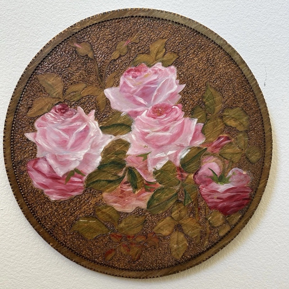 Flemish Art Pink Roses Hand Painted Wood Burning Wall Plaque. 16”. Vintage